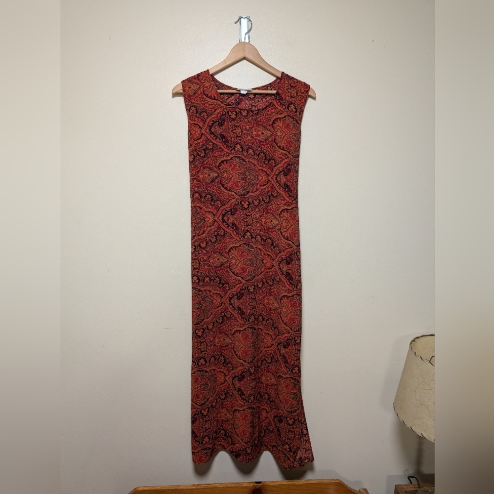 Boho 90s Rayon Maxi Dress Tie Waist Paisley Print – Made in USA Size L - Picture 2 of 8